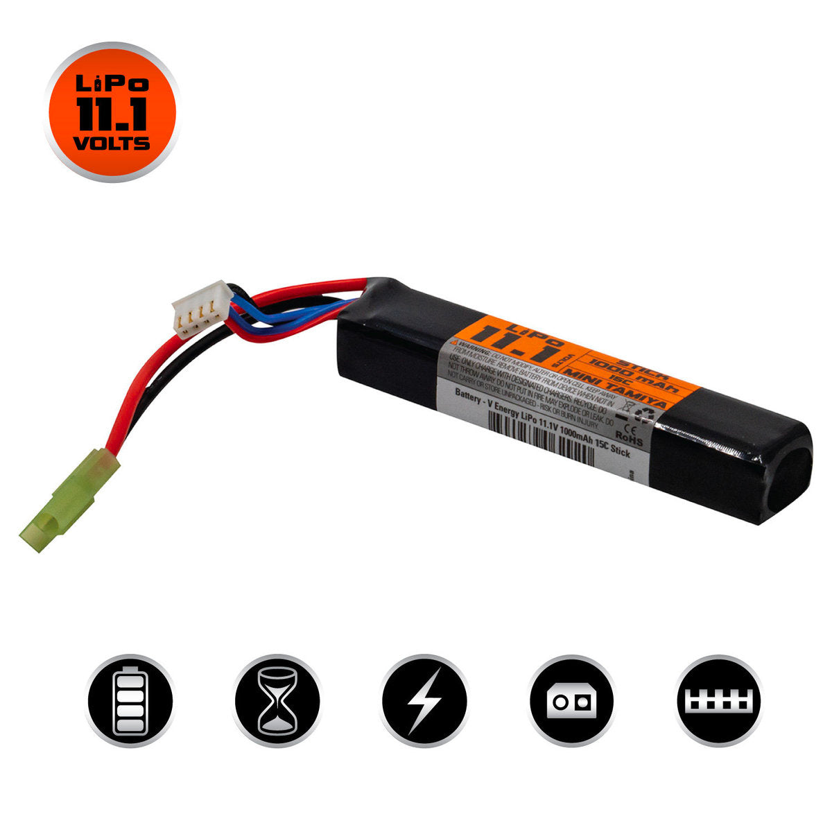 Valken LiPo 11.1v 1000mAh 15C/30C Stick Airsoft Battery (Small Tamiya)